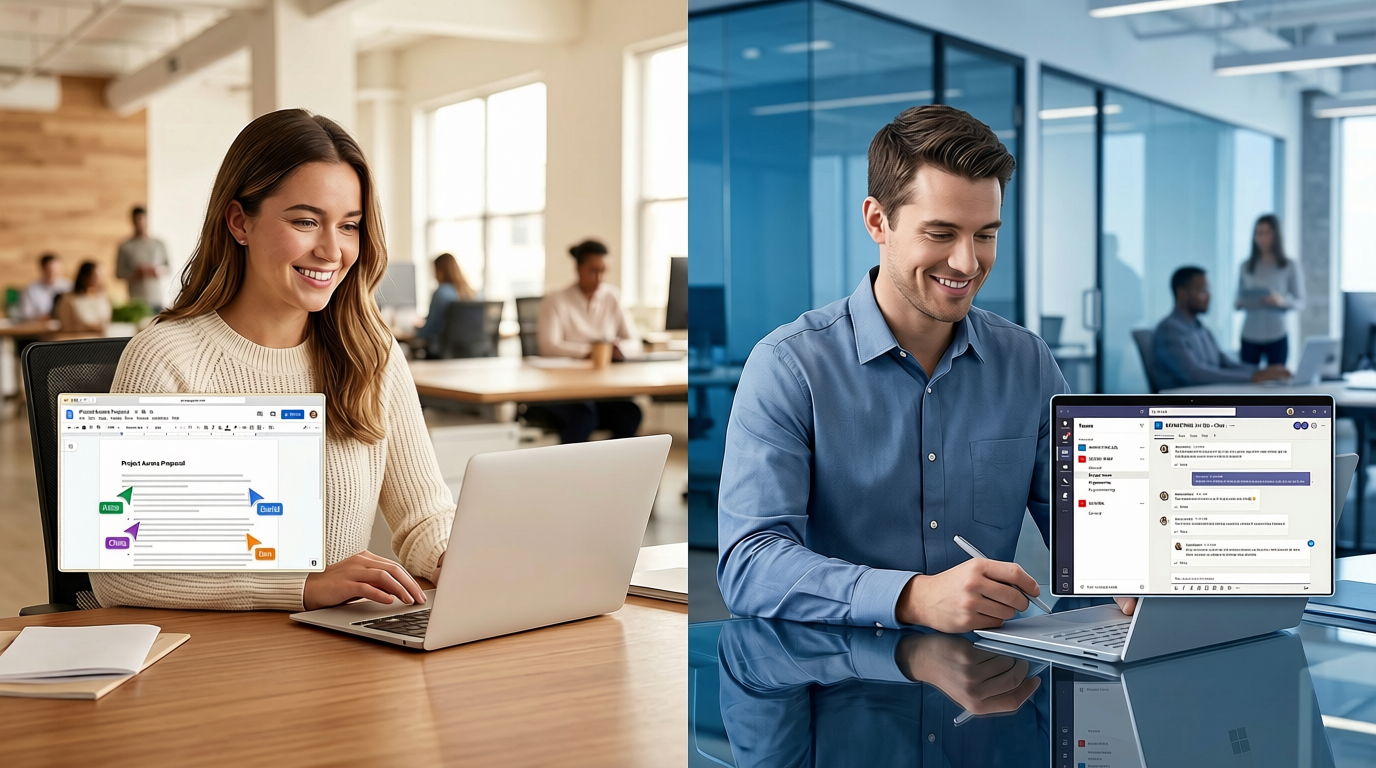 Person using Google Docs for real-time collaboration on the left, person using Microsoft Teams channels on the right