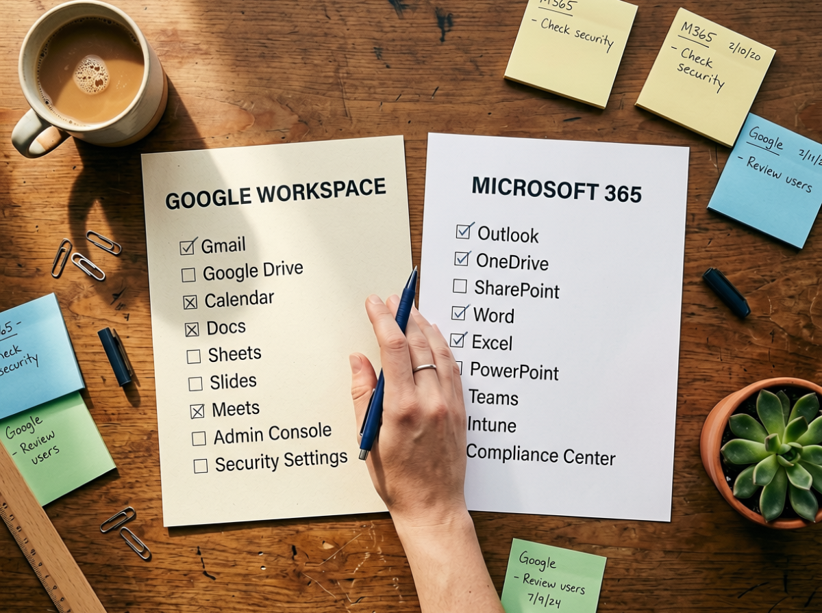 Overhead flat-lay of Google Workspace and Microsoft 365 checklists side by side on a desk with sticky notes, a coffee cup and a plant