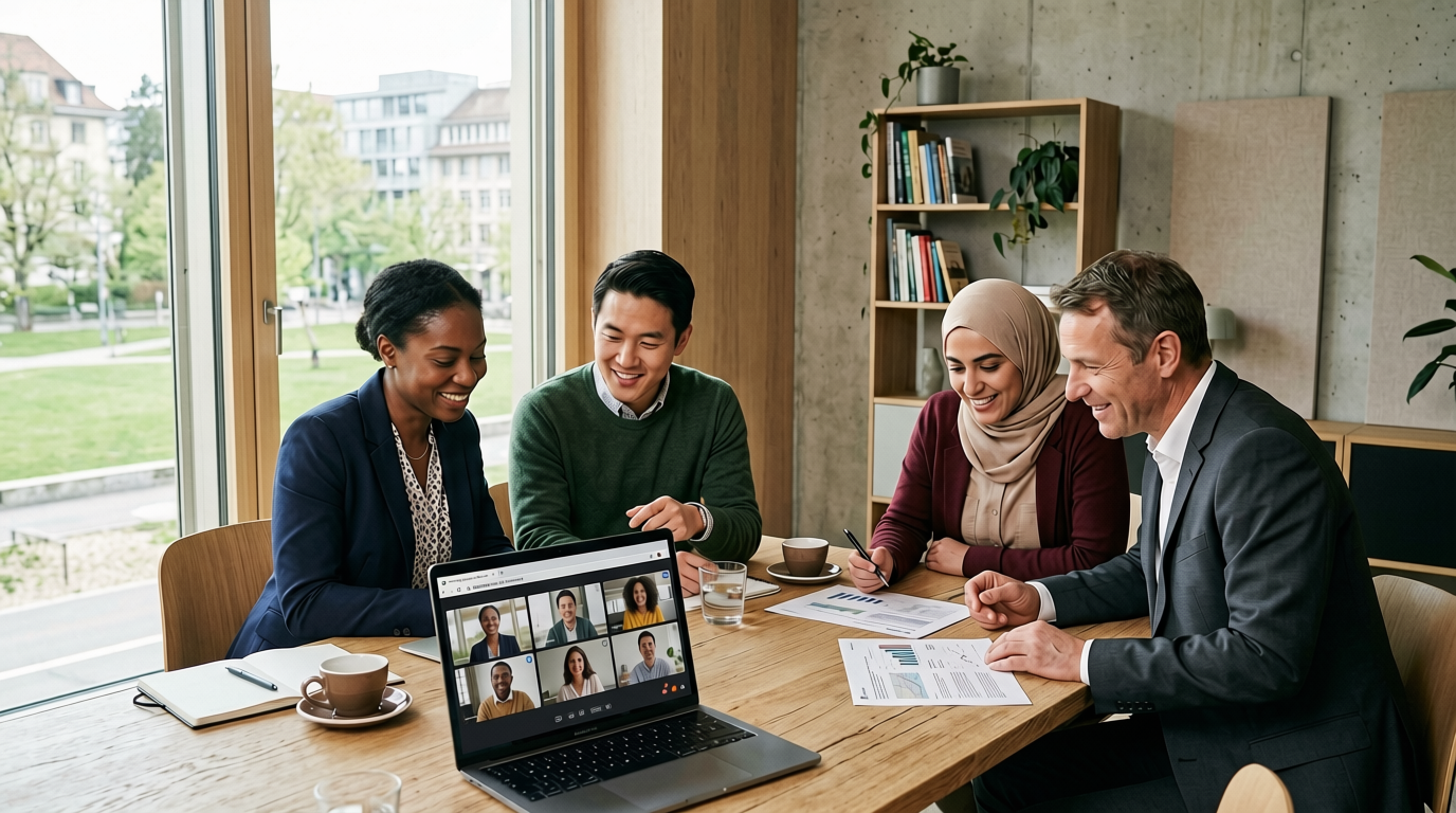 Diverse team of four gathered around a laptop showing a video call, working together in a bright modern office