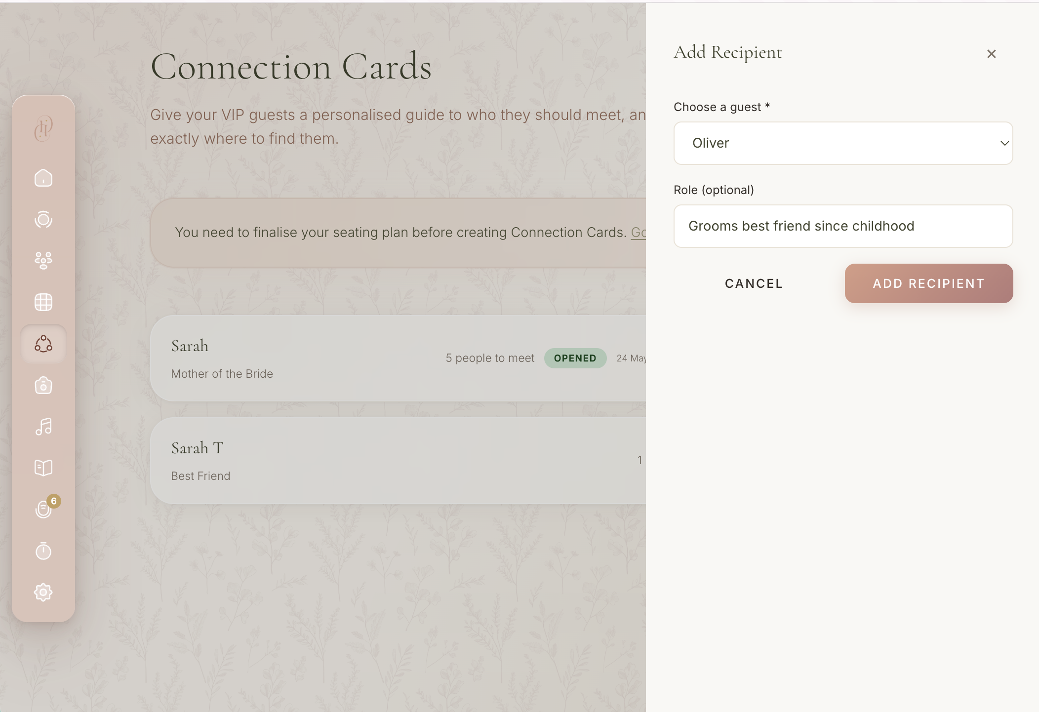 Connection Cards feature showing VIP guest introductions