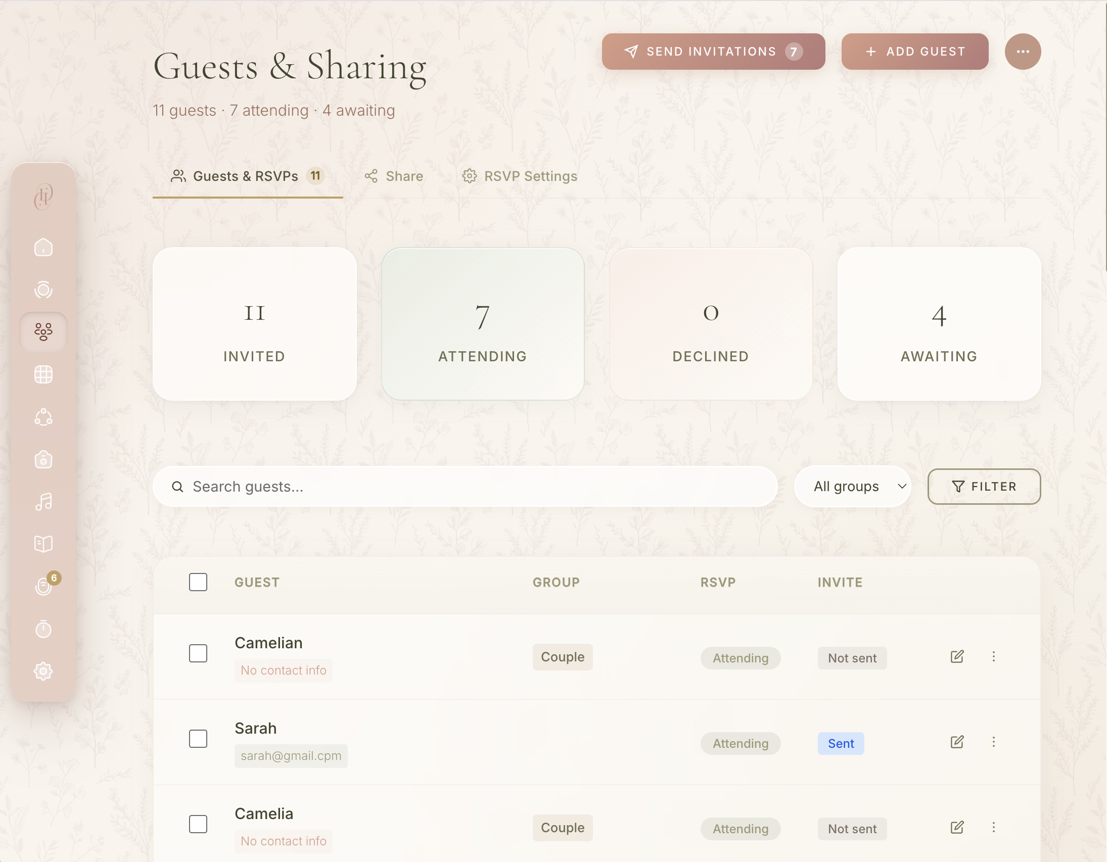 Guests and RSVP management screen showing 11 invited, 7 attending, 4 awaiting